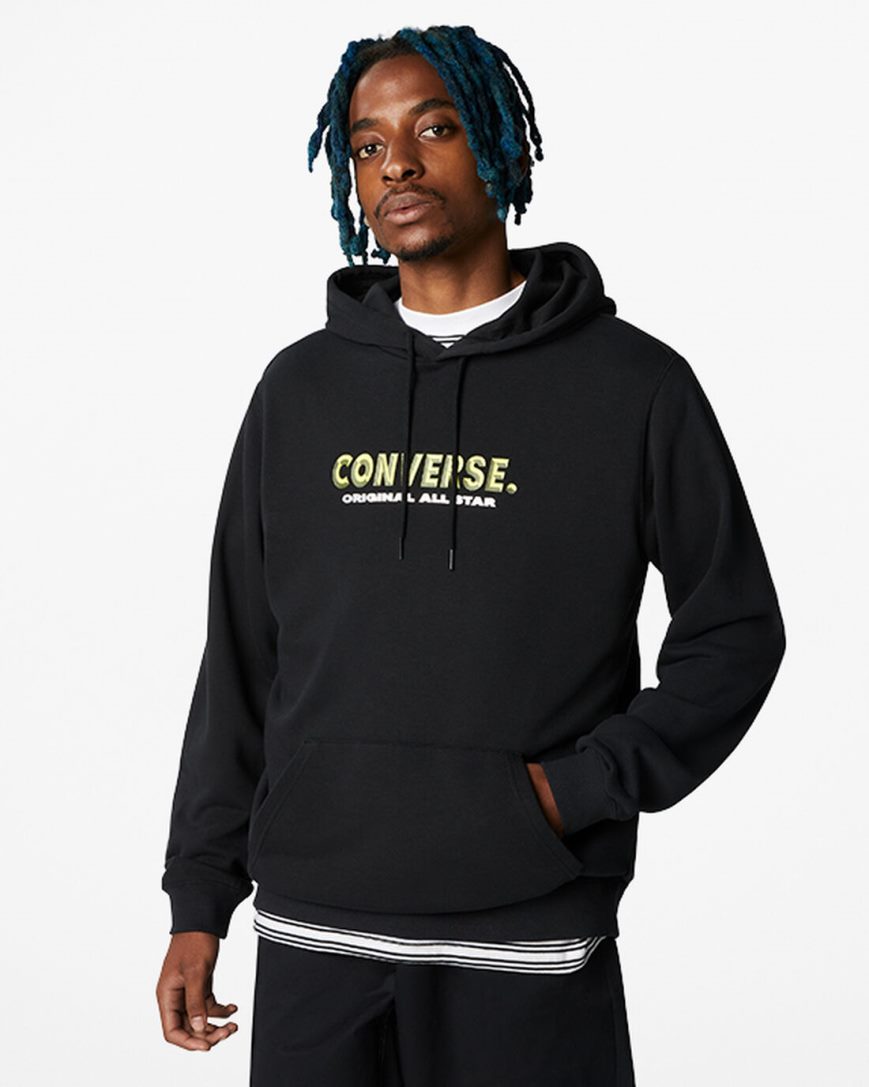 Men\'s Converse Bold Word Pullover Hoodie Black | AU 6380CJ